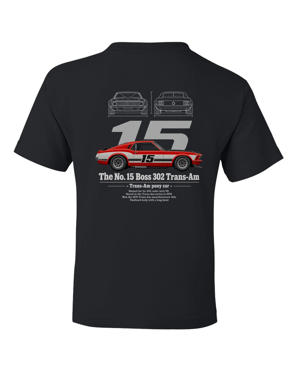 No. 15 Boss 302 Trans-Am black kids tee back view with the design