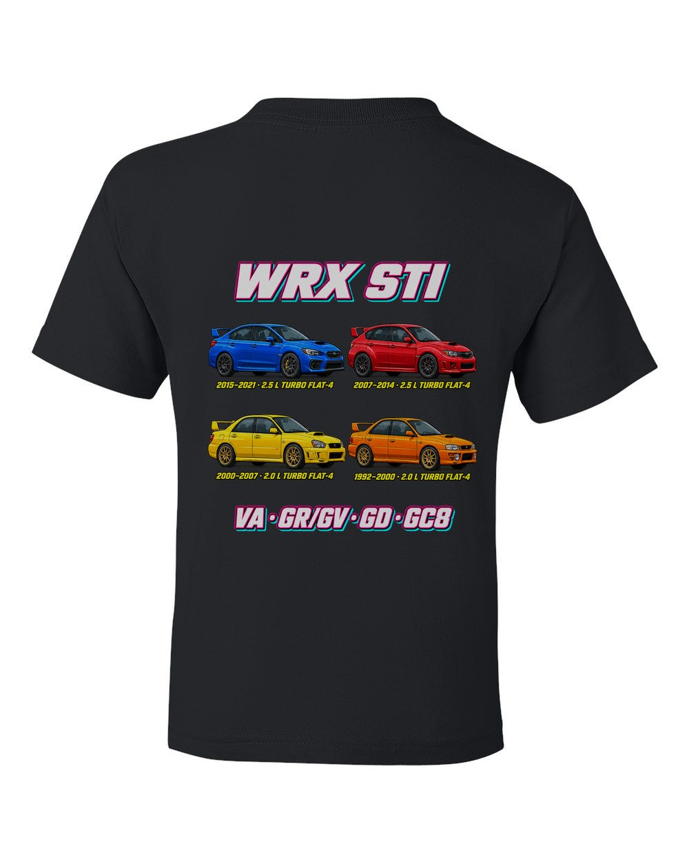 Subaru WRX STI evolution poster black kids tee back view with the design