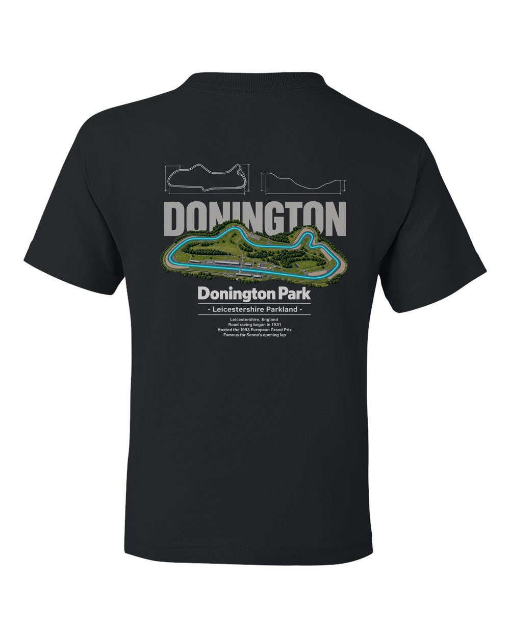 Donington Park black kids tee back view with the design