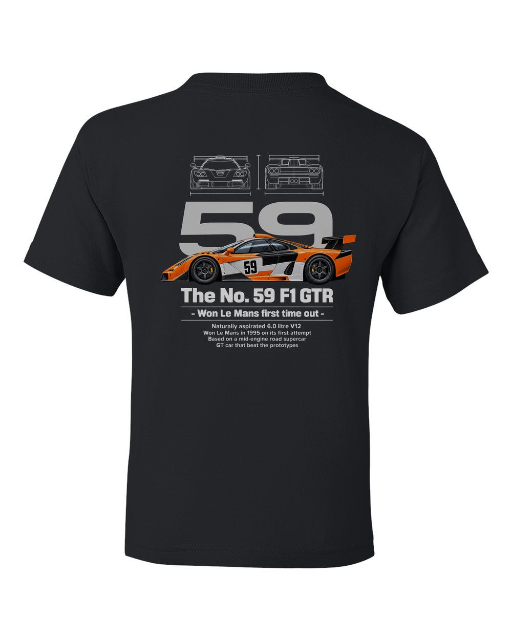 No. 59 F1 GTR black kids tee back view with the design