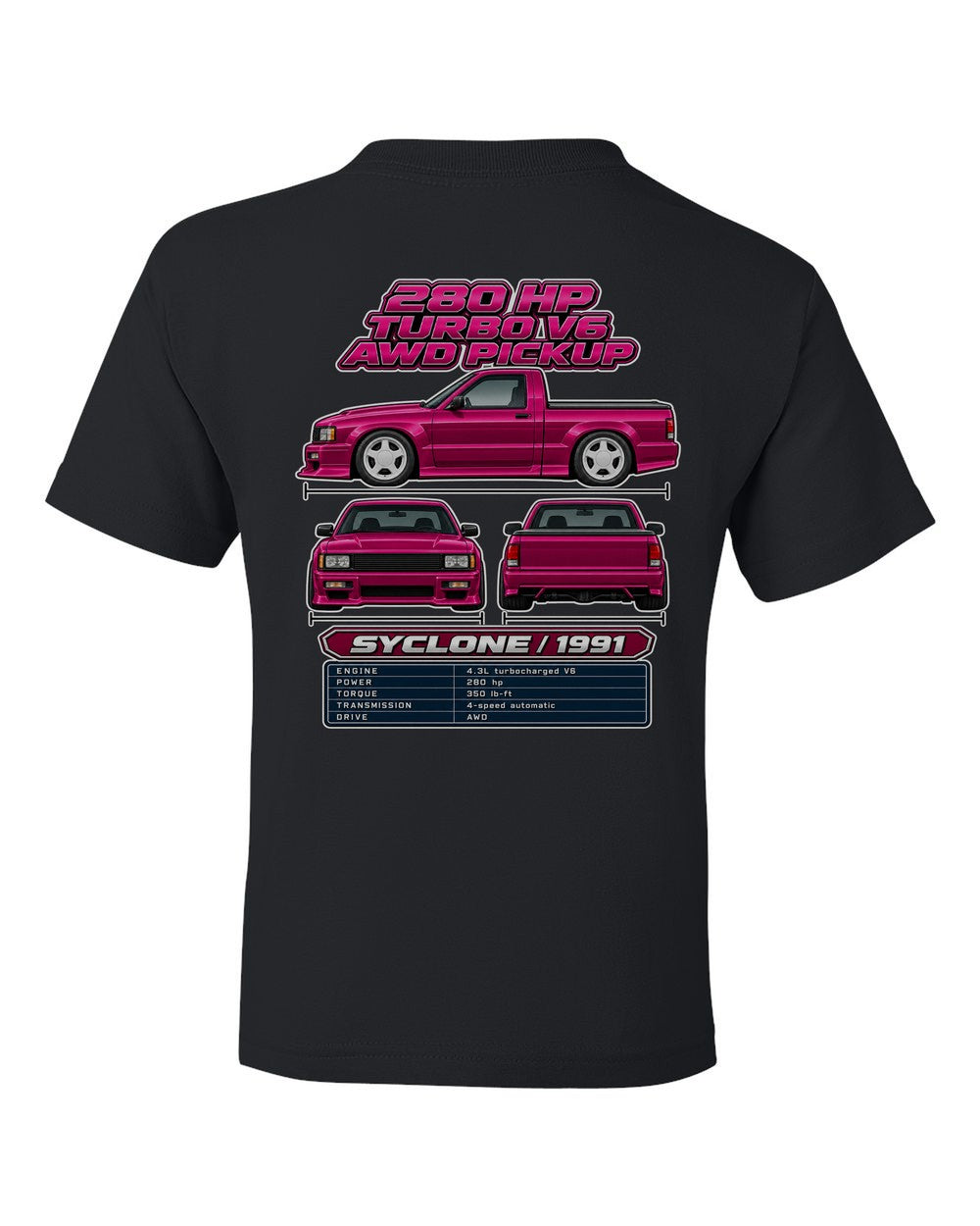 GMC Syclone spec sheet black kids tee back view with the design