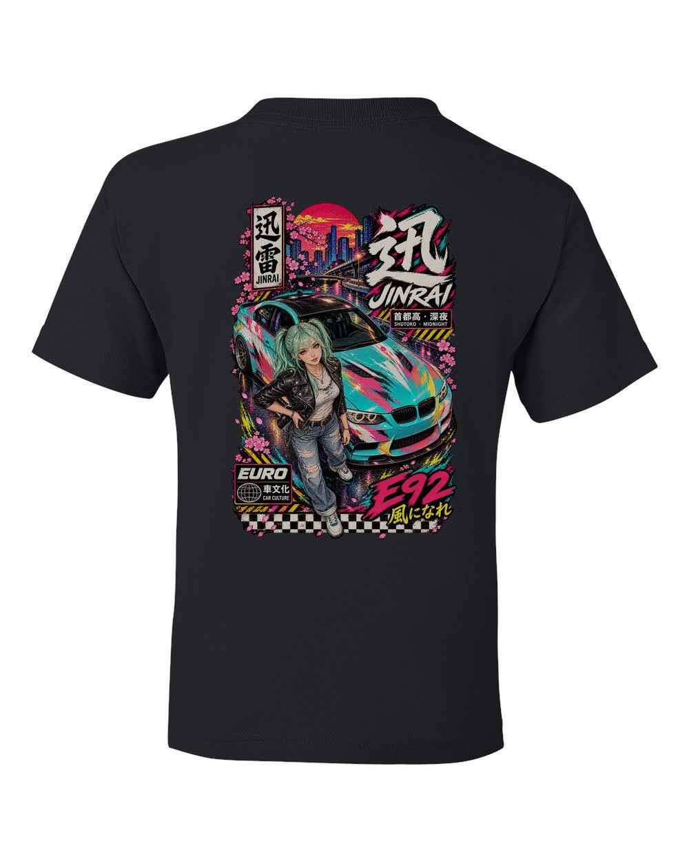 JINRAI E92 full-back artwork black kids tee back view with the design