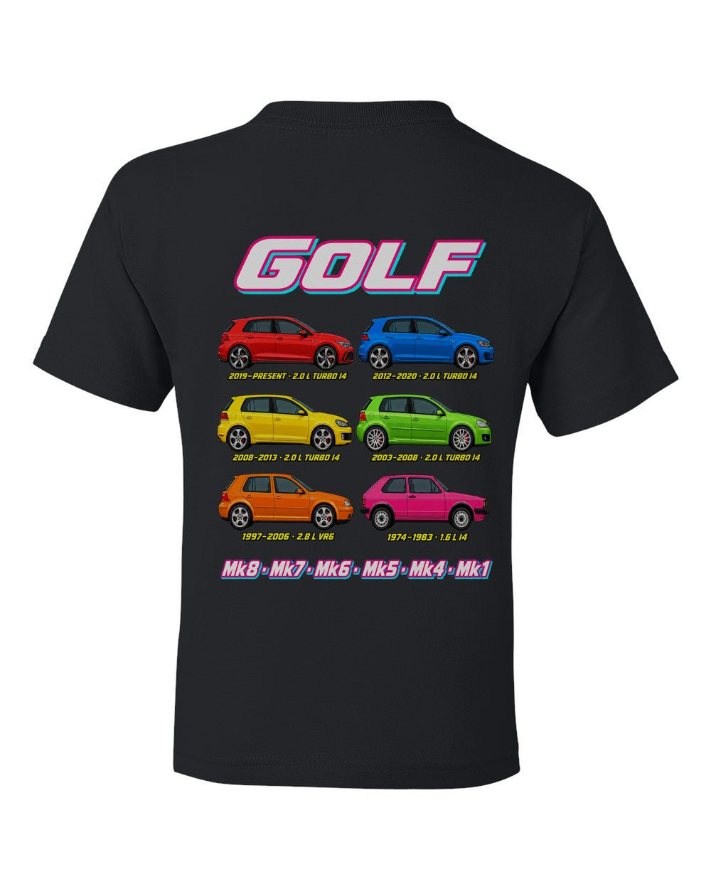 VW Golf evolution poster black kids tee back view with the design