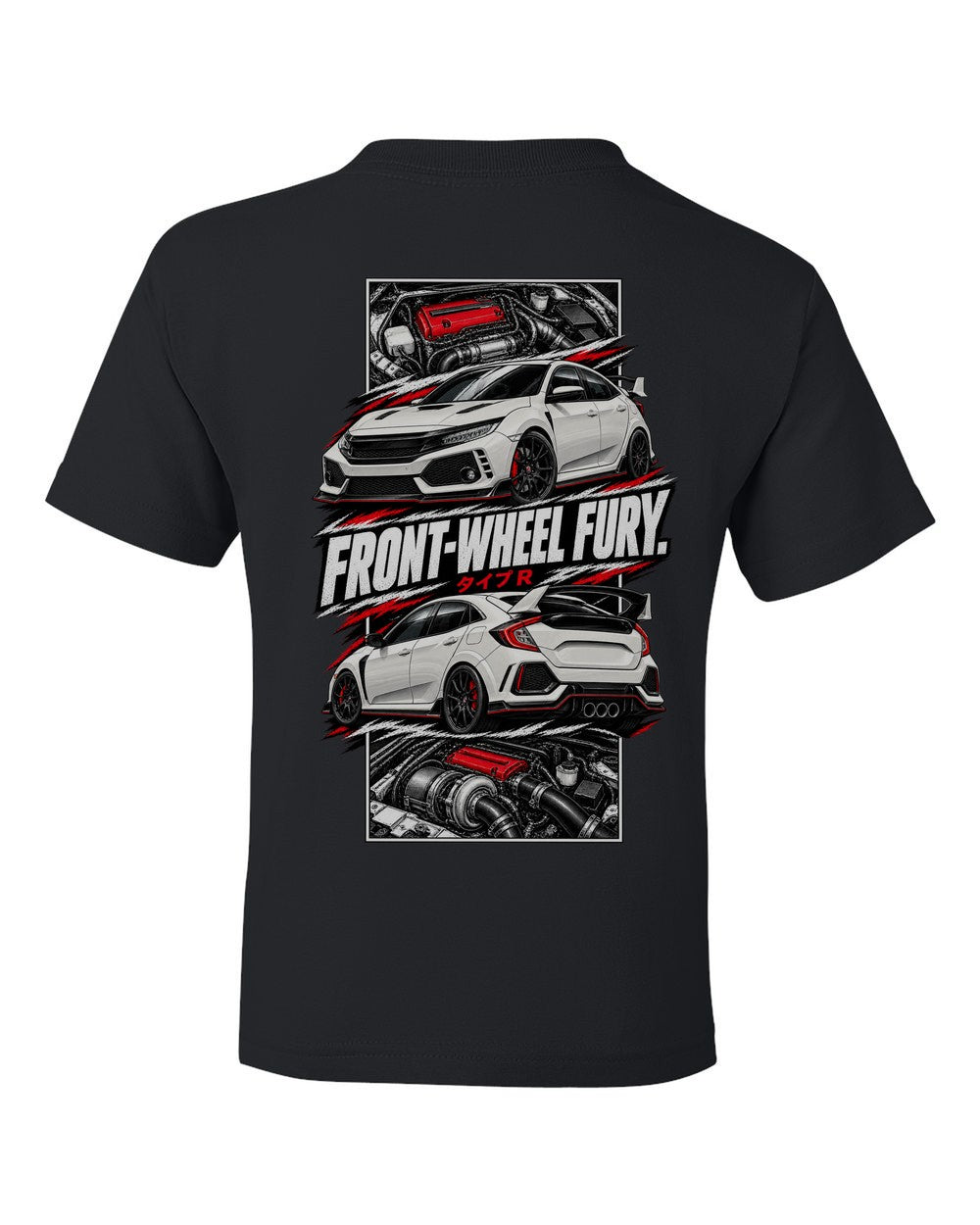 Honda Civic Fk8 torn poster black kids tee back view with the design