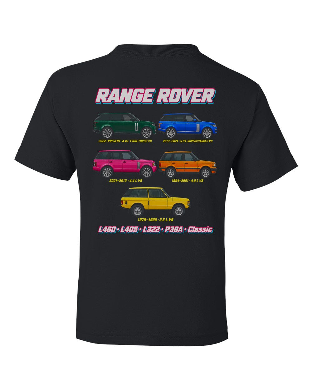 Range Rover evolution poster black kids tee back view with the design