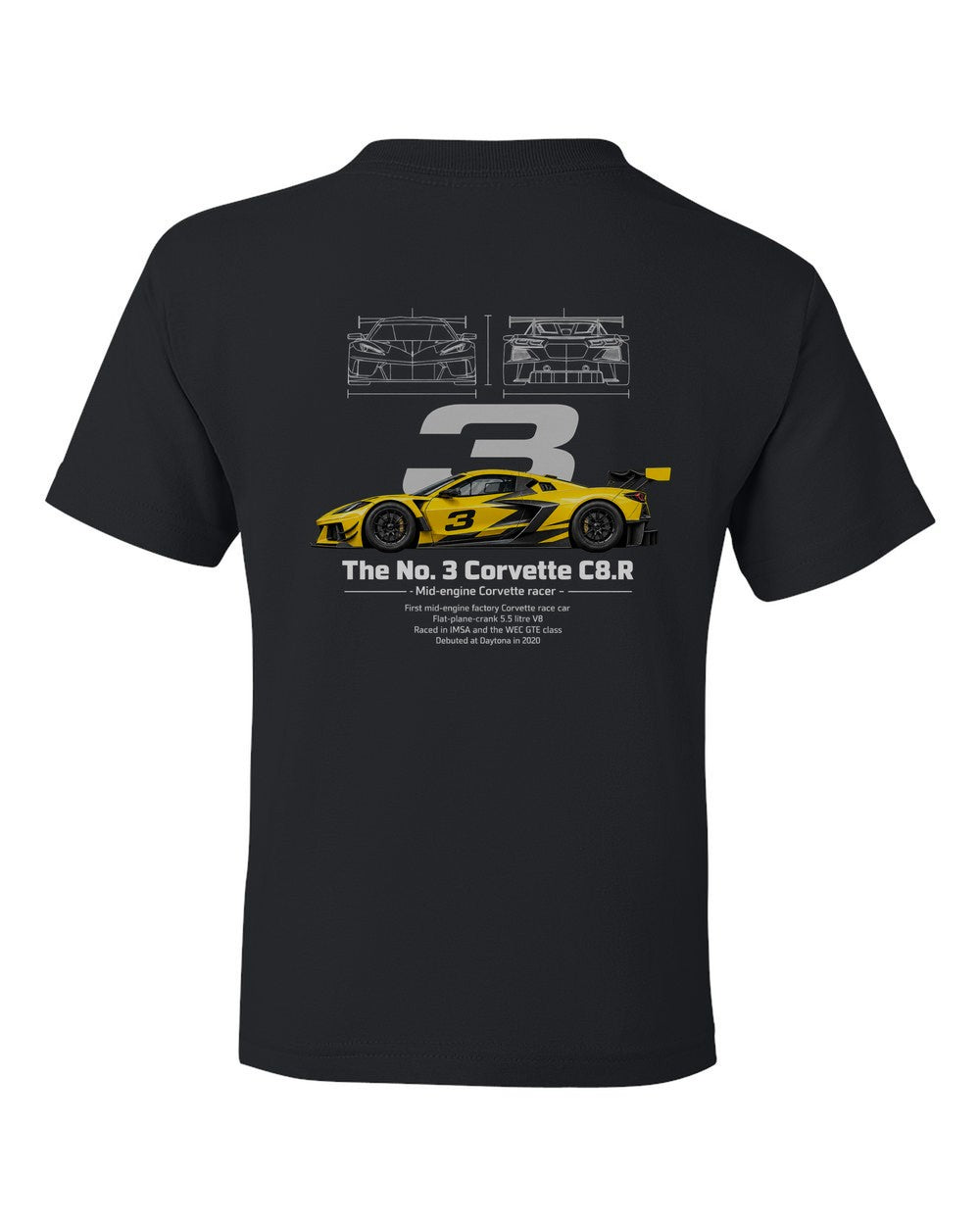No. 3 Corvette C8.R black kids tee back view with the design