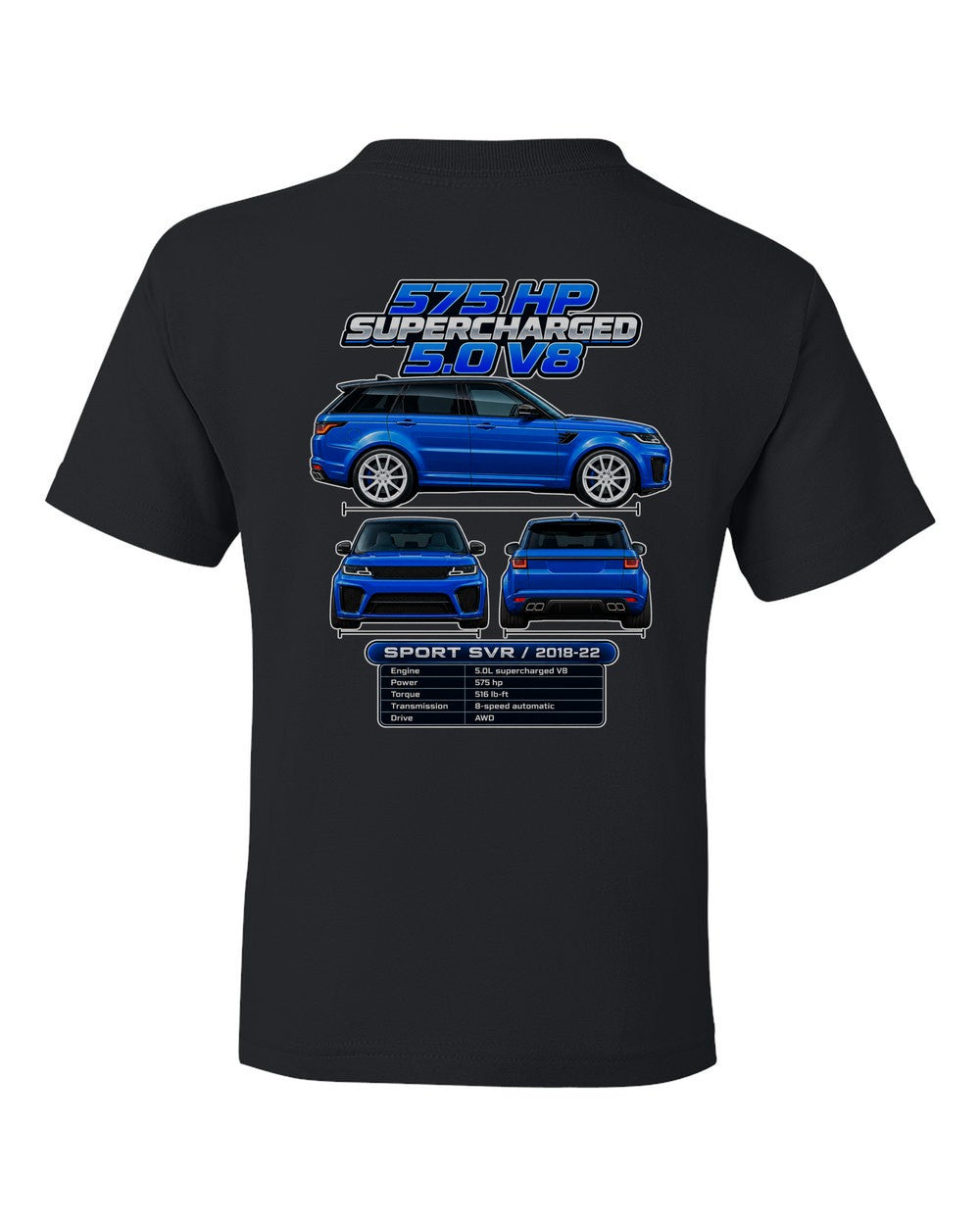 Range Rover Sport Svr spec sheet black kids tee back view with the design