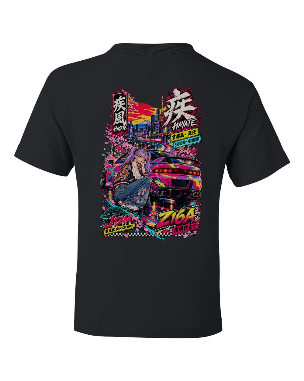 HAYATE Z16A full-back artwork black kids tee back view with the design