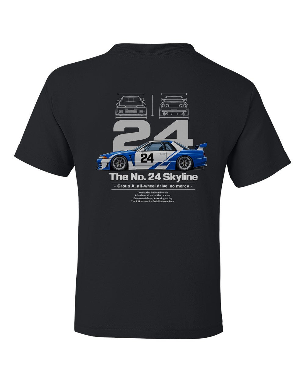 No. 24 Skyline black kids tee back view with the design