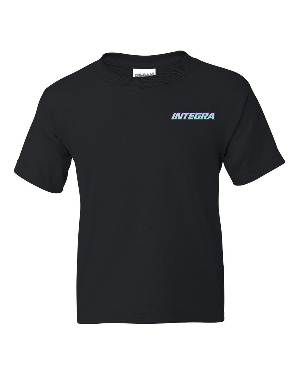 black kids tee front view with car name on pocket
