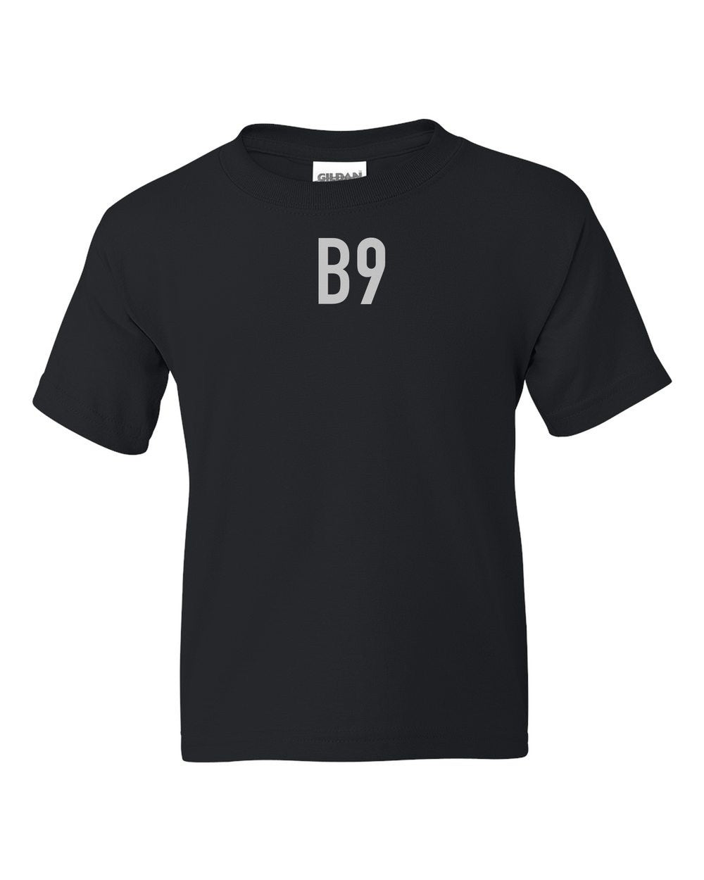 black kids tee front view with small code mark