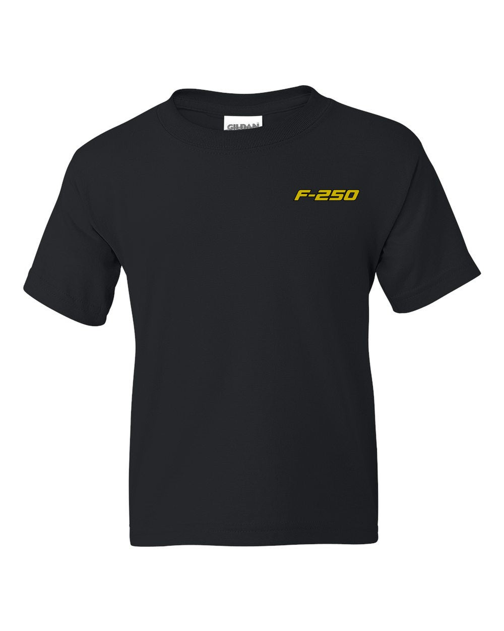 black kids tee front view with car name on pocket