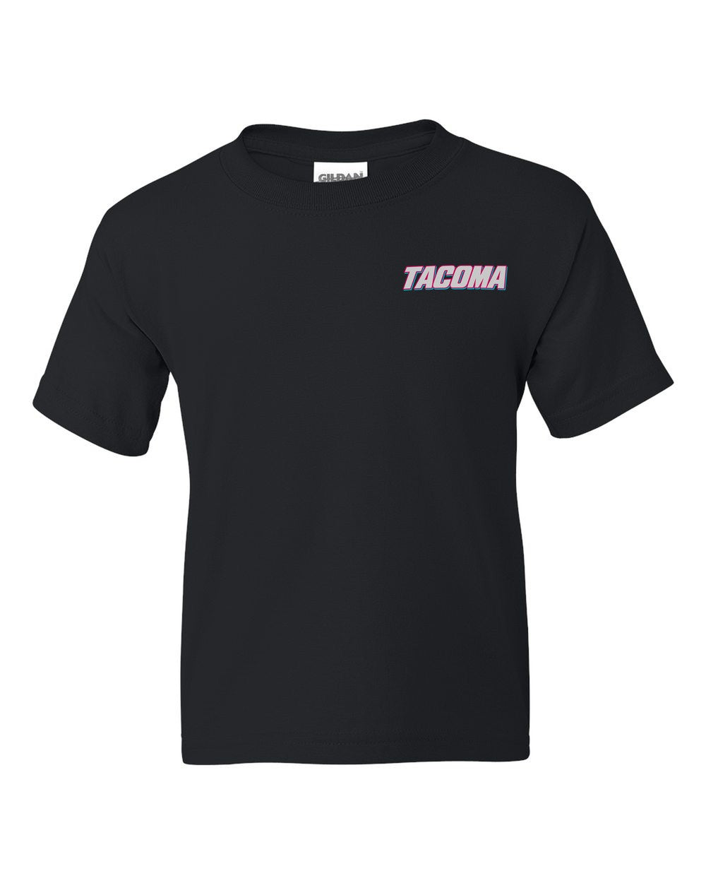 black kids tee front view with car name on pocket