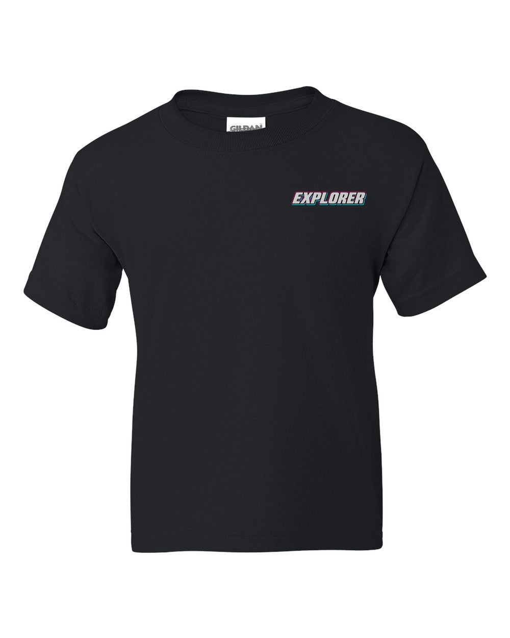 black kids tee front view with car name on pocket