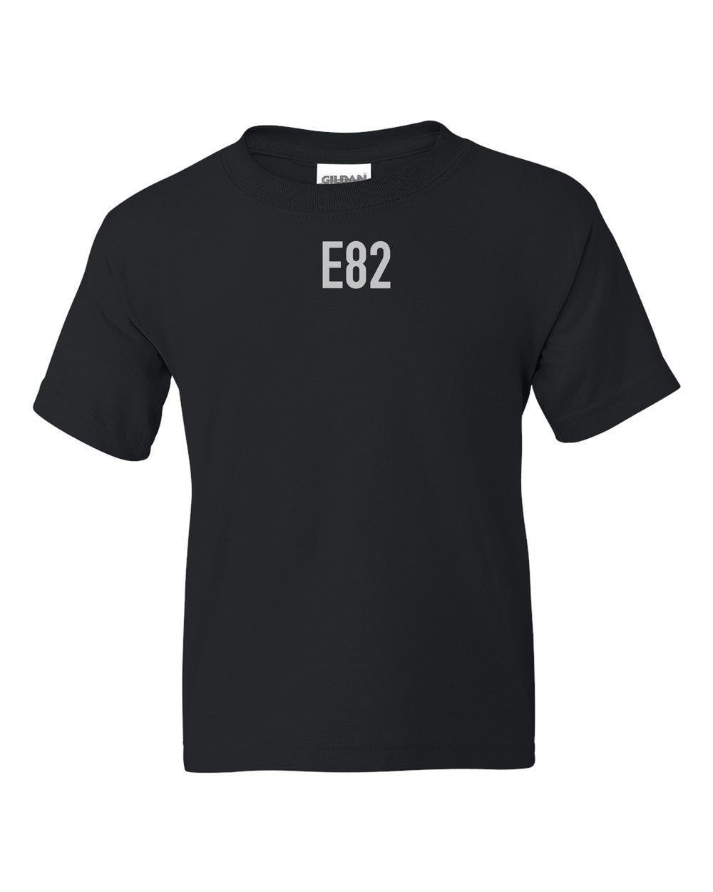 black kids tee front view with small code mark