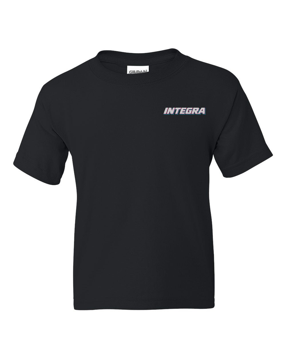 black kids tee front view with car name on pocket