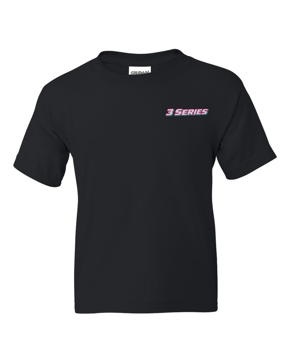 black kids tee front view with car name on pocket