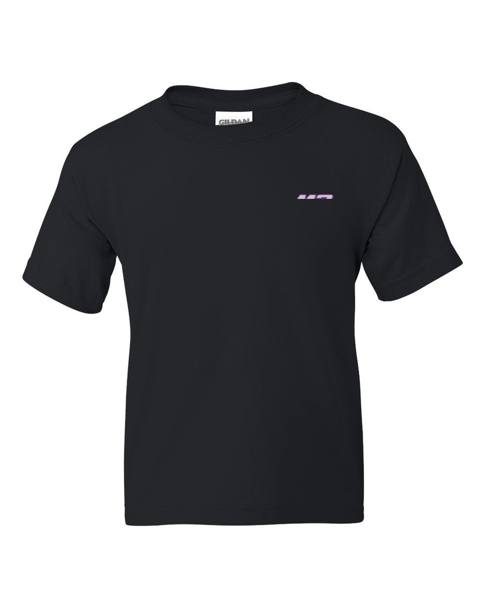 black kids tee front view with car name on pocket