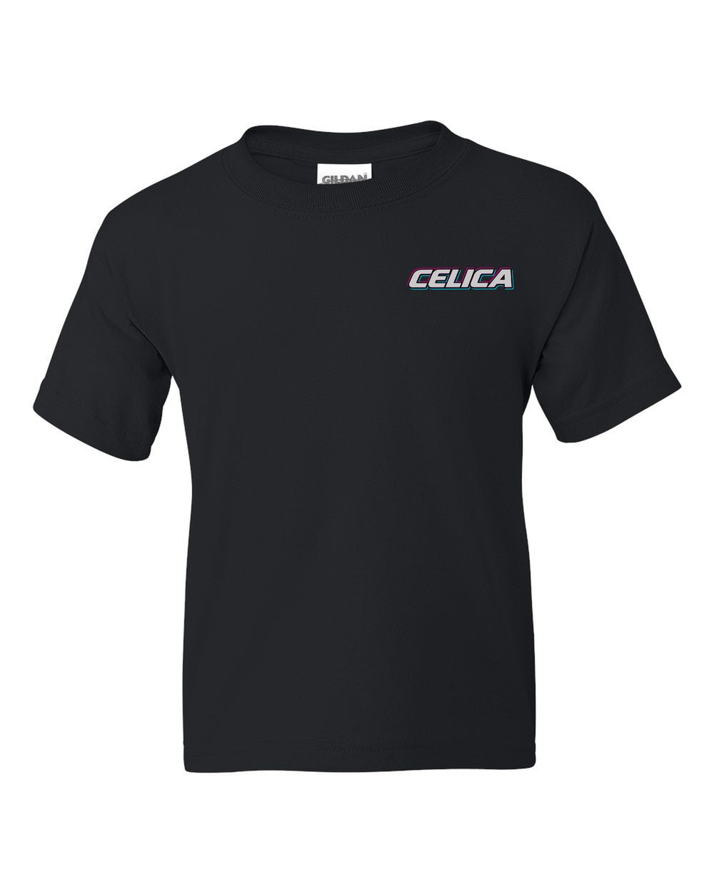 black kids tee front view with car name on pocket