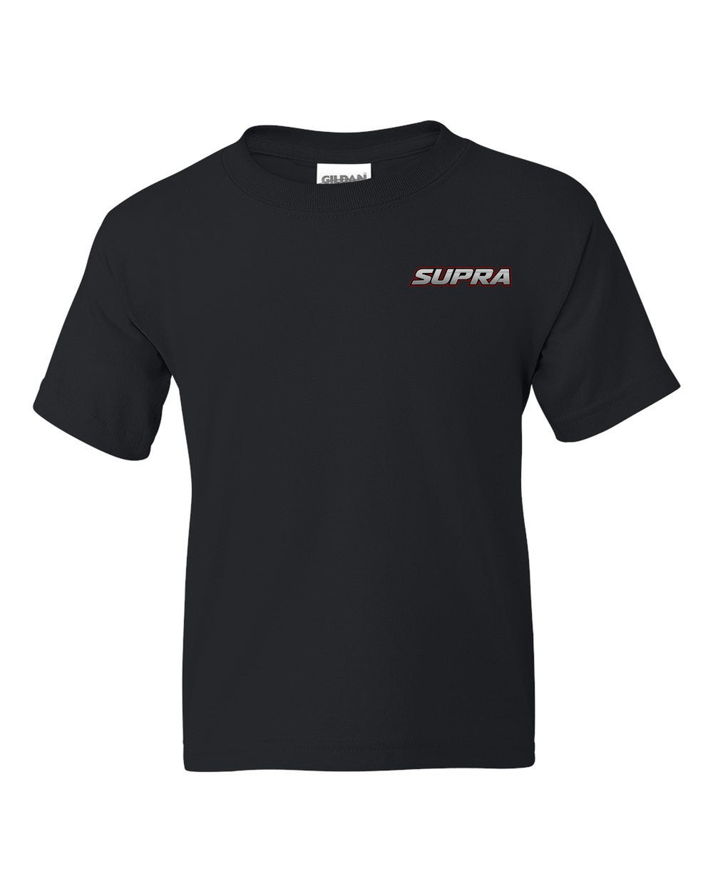 black kids tee front view with car name on pocket