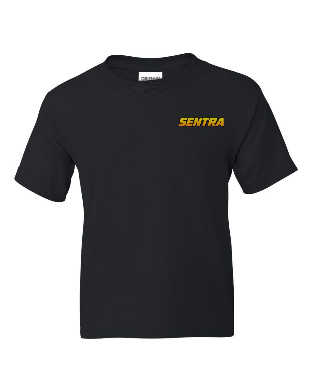 black kids tee front view with car name on pocket
