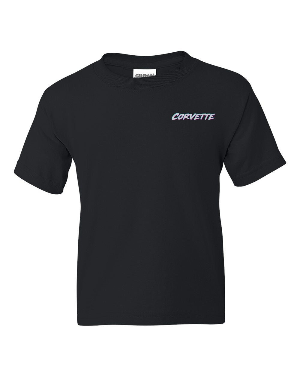 black kids tee front view with car name on pocket