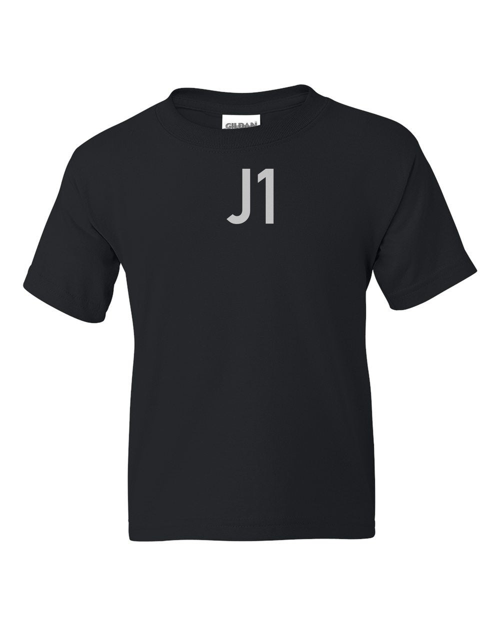 black kids tee front view with small code mark