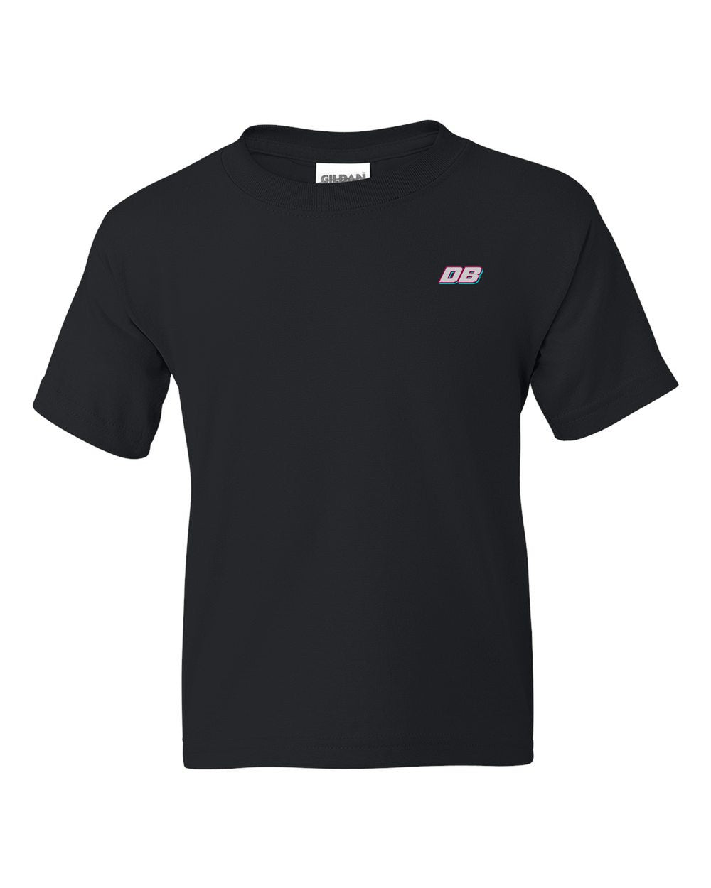 black kids tee front view with car name on pocket