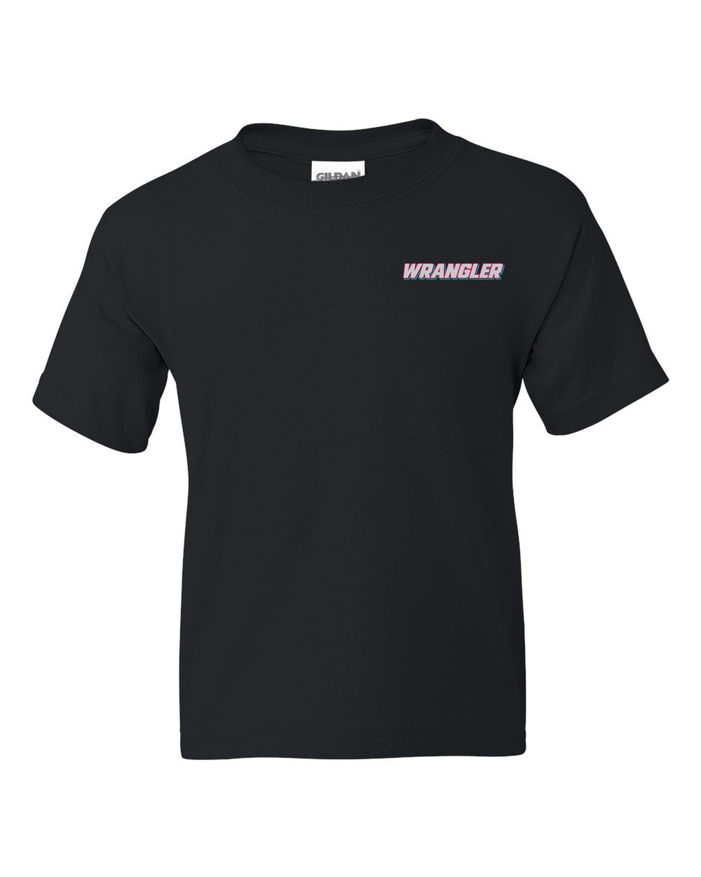 black kids tee front view with car name on pocket