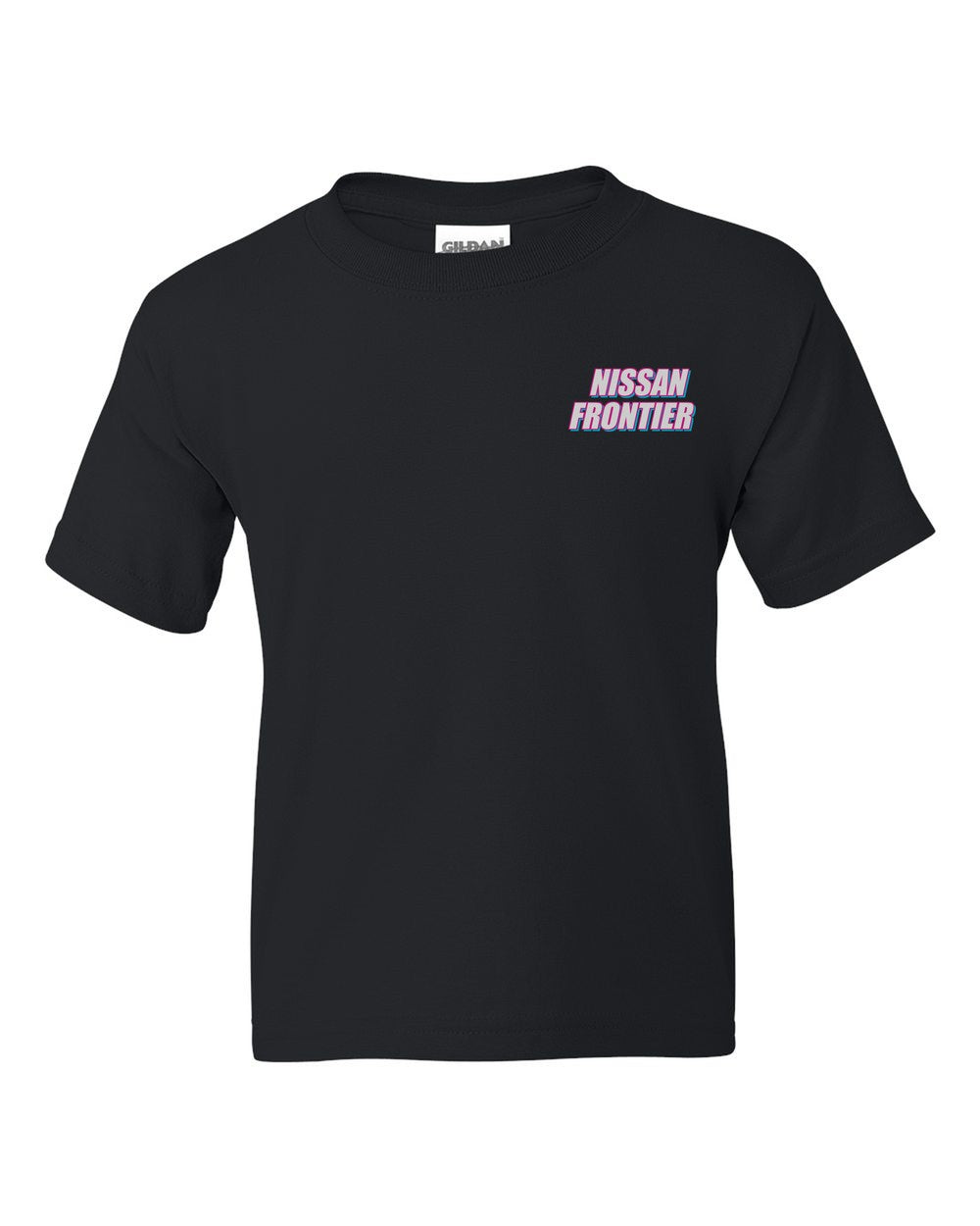 black kids tee front view with car name on pocket