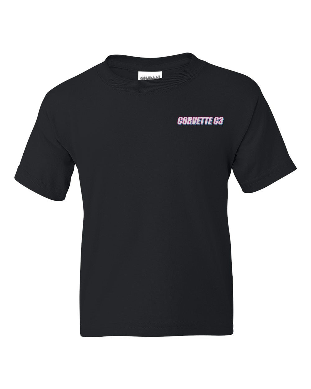 black kids tee front view with car name on pocket