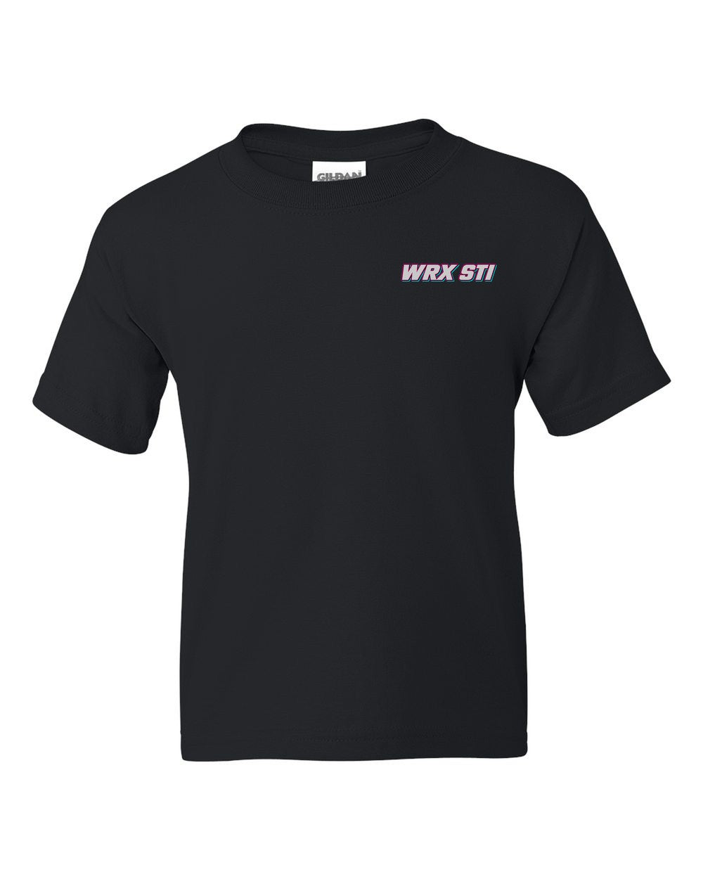 black kids tee front view with car name on pocket