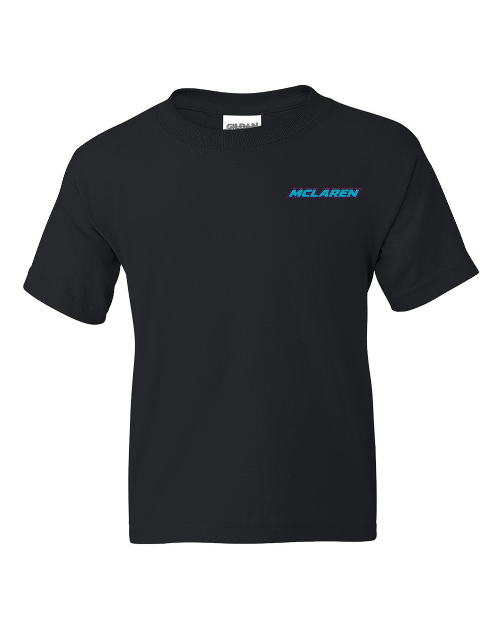 black kids tee front view with car name on pocket