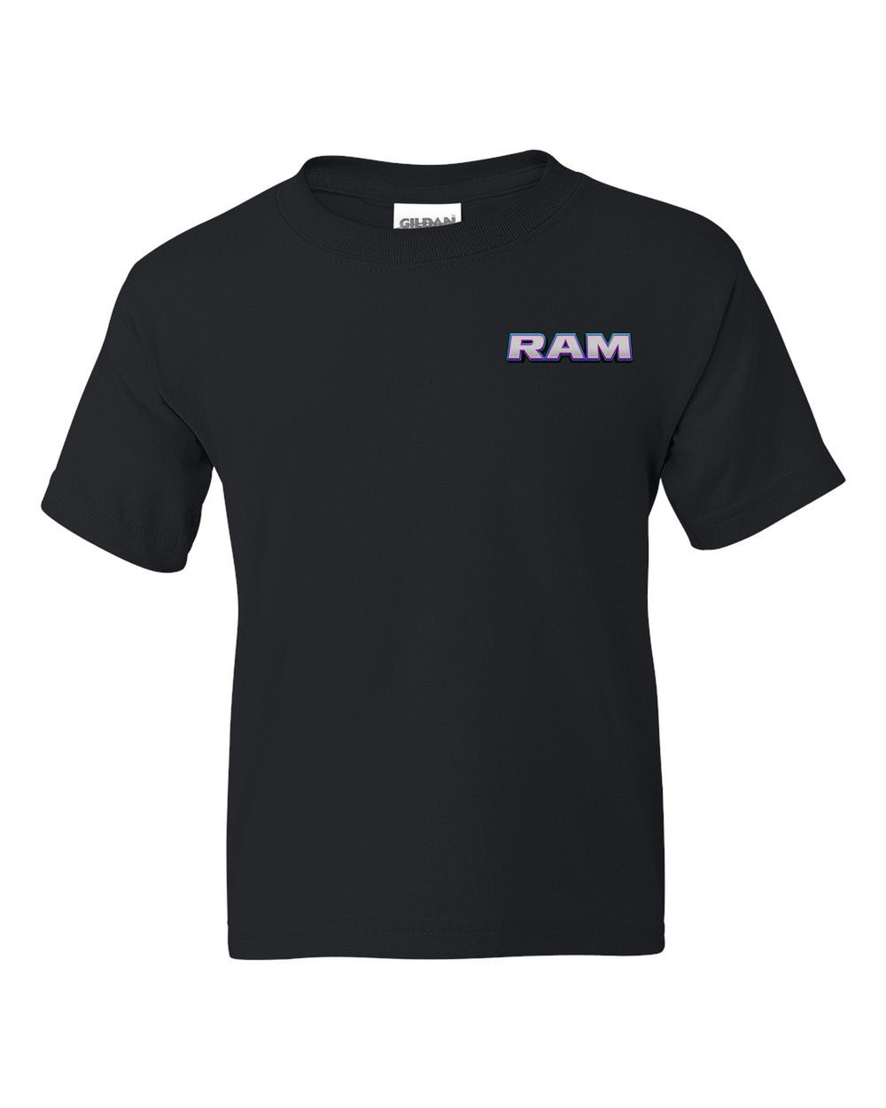 black kids tee front view with car name on pocket