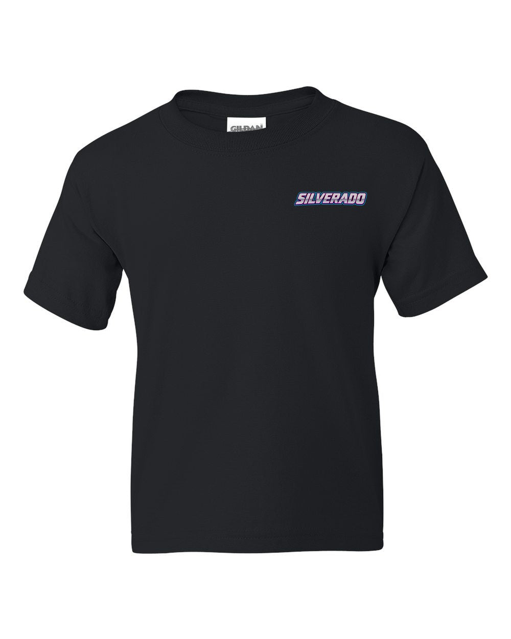 black kids tee front view with car name on pocket