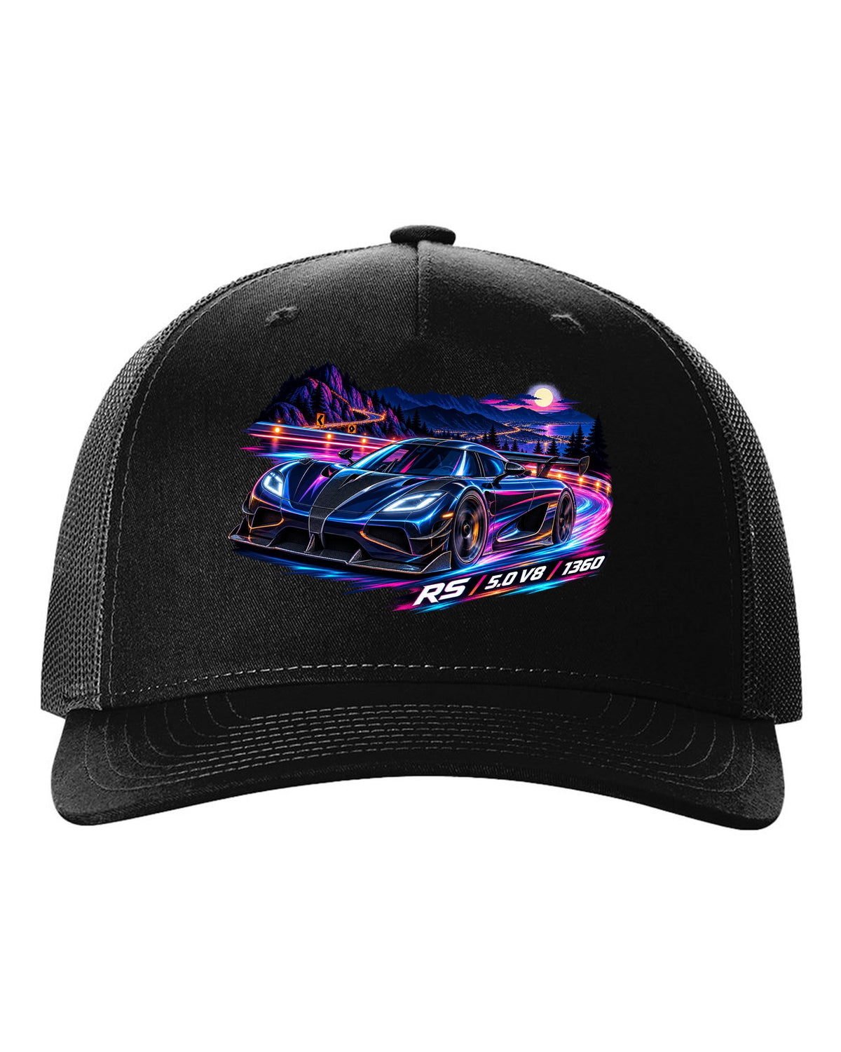 Cel-shaded anime night mountain pass illustration of a Koenigsegg Agera RS with RS 5.0 V8 1360 lettering black hat front view with the design