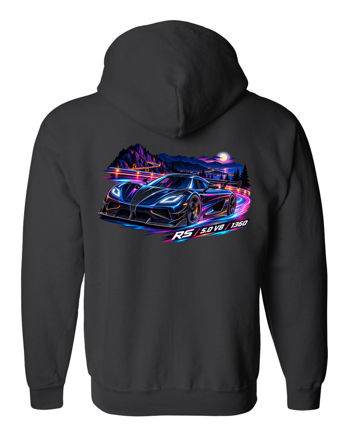 Cel-shaded anime night mountain pass illustration of a Koenigsegg Agera RS with RS 5.0 V8 1360 lettering black zip hoodie back view with the design