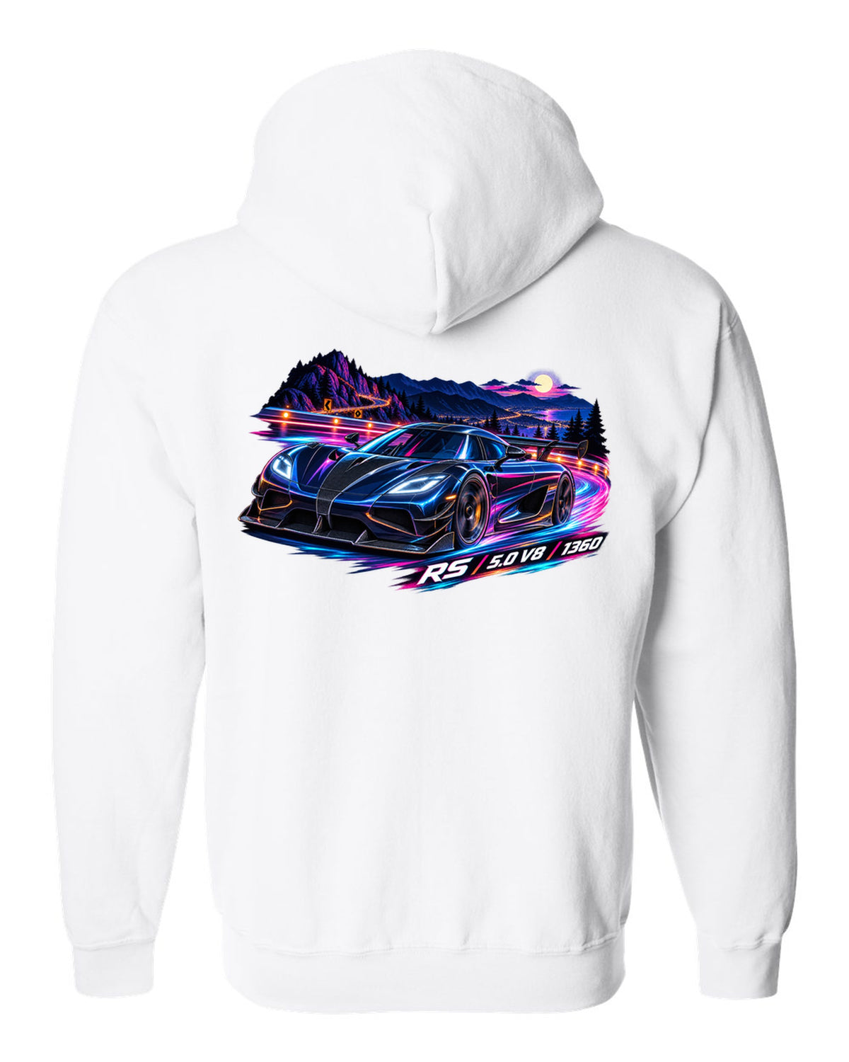 Cel-shaded anime night mountain pass illustration of a Koenigsegg Agera RS with RS 5.0 V8 1360 lettering white zip hoodie back view with the design