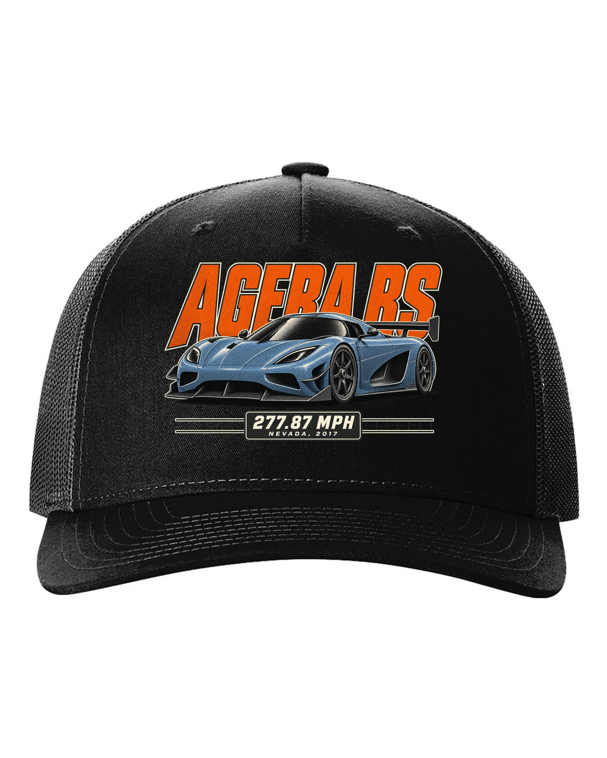 Halftone print of the Koenigsegg Agera RS with the text 277.87 mph, Nevada, 2017 black hat front view with the design