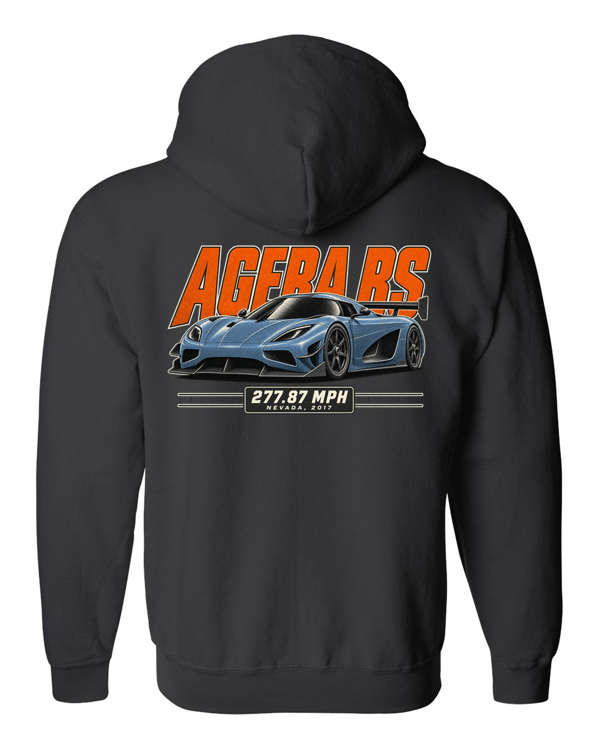 Halftone print of the Koenigsegg Agera RS with the text 277.87 mph, Nevada, 2017 black zip hoodie back view with the design