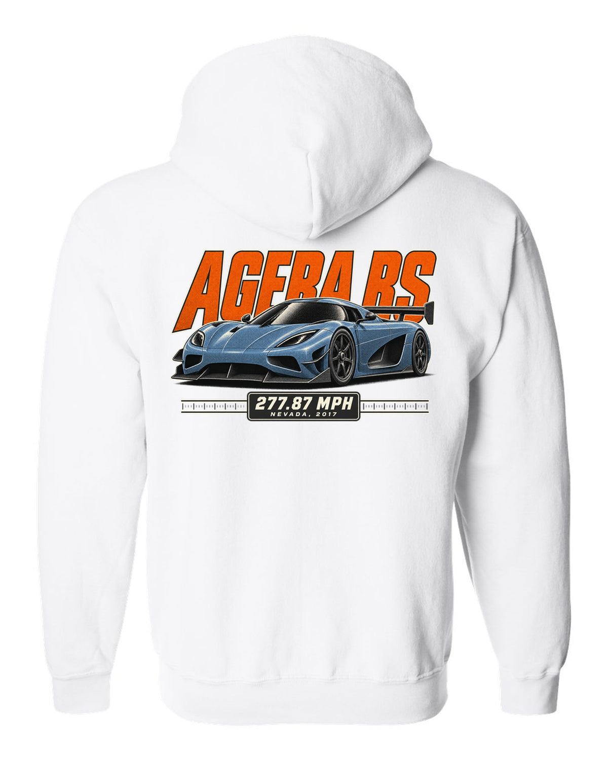 Halftone print of the Koenigsegg Agera RS with the text 277.87 mph, Nevada, 2017 white zip hoodie back view with the design