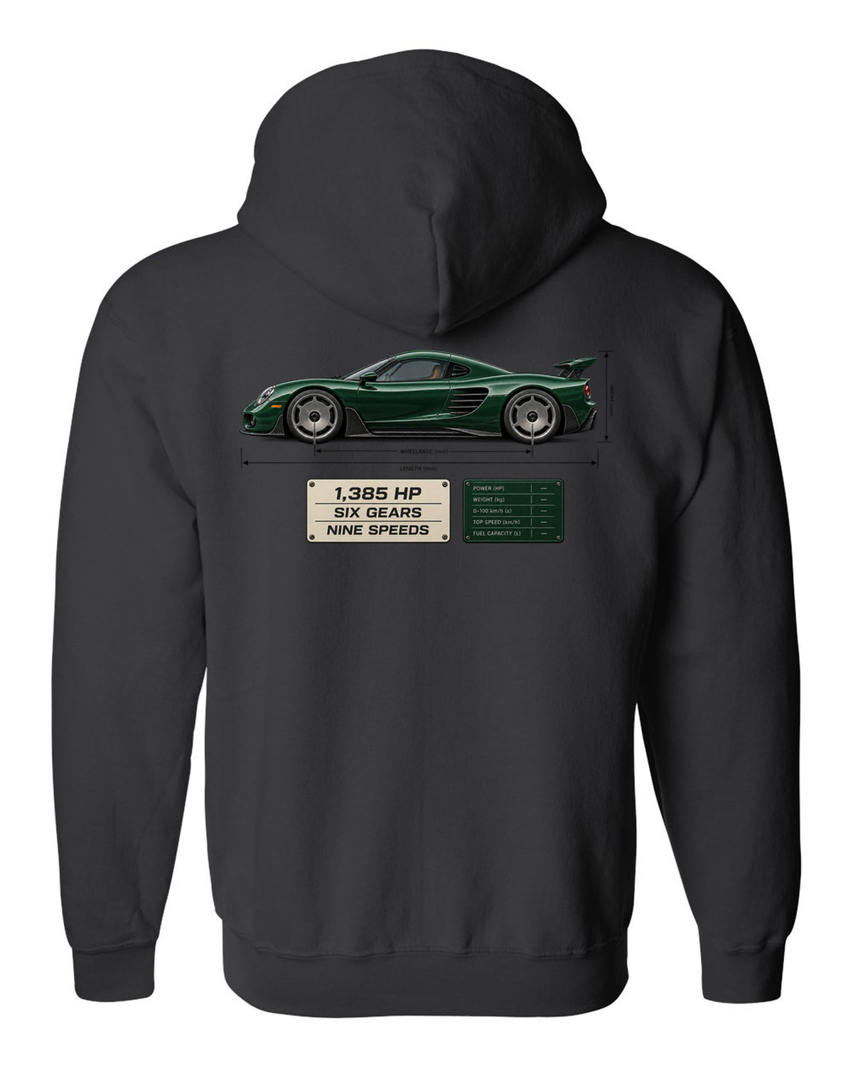 Blueprint print of the Koenigsegg CC850 with the text 1,385 hp, six gears, nine speeds black zip hoodie back view with the design
