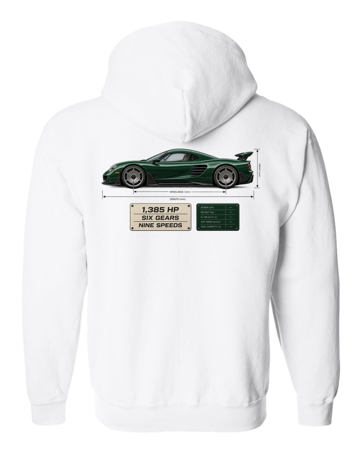 Blueprint print of the Koenigsegg CC850 with the text 1,385 hp, six gears, nine speeds white zip hoodie back view with the design