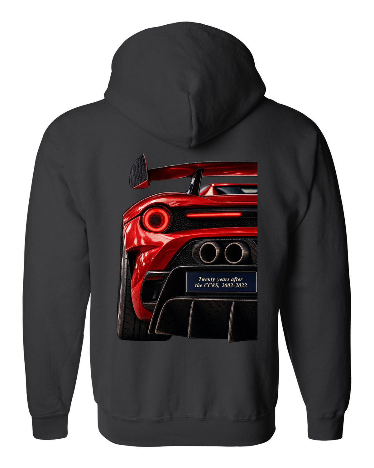 Taillight macro print of the Koenigsegg CC850 with the text twenty years after the CC8S, 2002-2022 black zip hoodie back view with the design