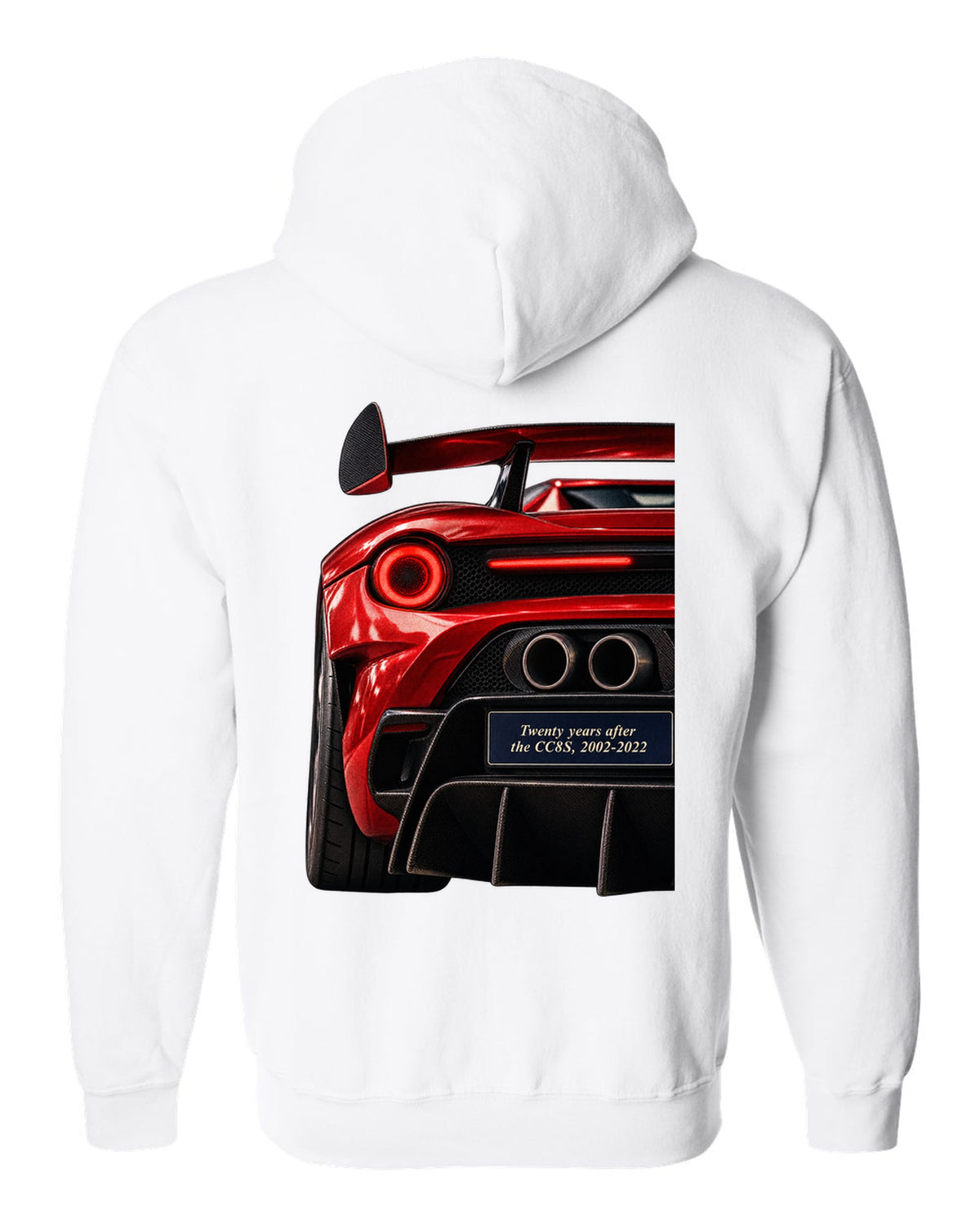 Taillight macro print of the Koenigsegg CC850 with the text twenty years after the CC8S, 2002-2022 white zip hoodie back view with the design