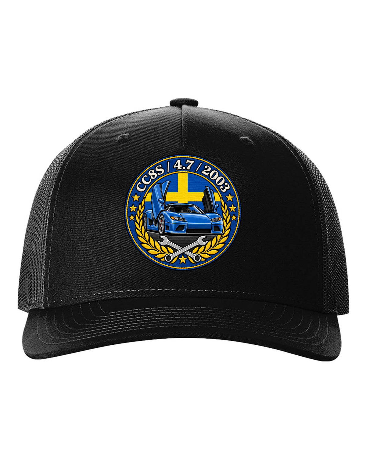 Varsity-style garage crest design for the Koenigsegg CC8S with CC8S 4.7 2003 lettering black hat front view with the design