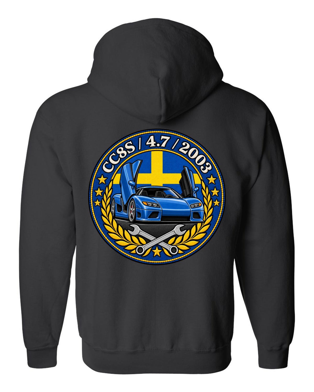 Varsity-style garage crest design for the Koenigsegg CC8S with CC8S 4.7 2003 lettering black zip hoodie back view with the design