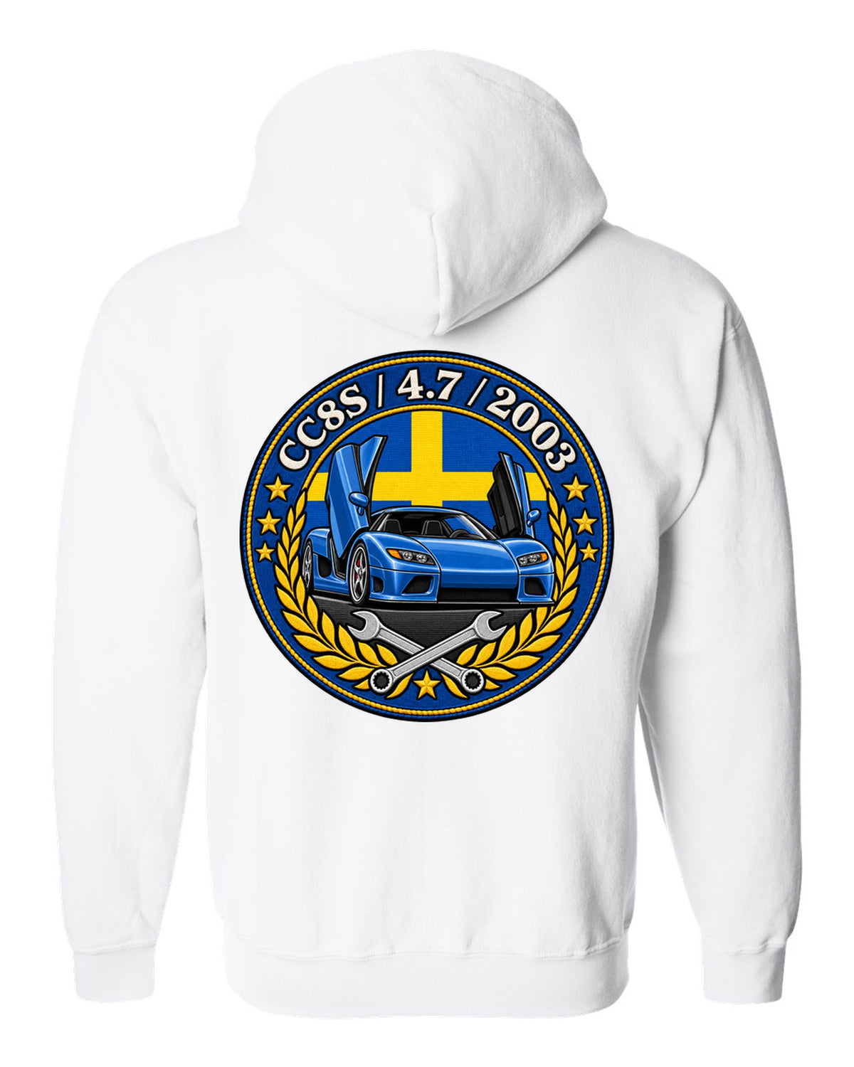 Varsity-style garage crest design for the Koenigsegg CC8S with CC8S 4.7 2003 lettering white zip hoodie back view with the design