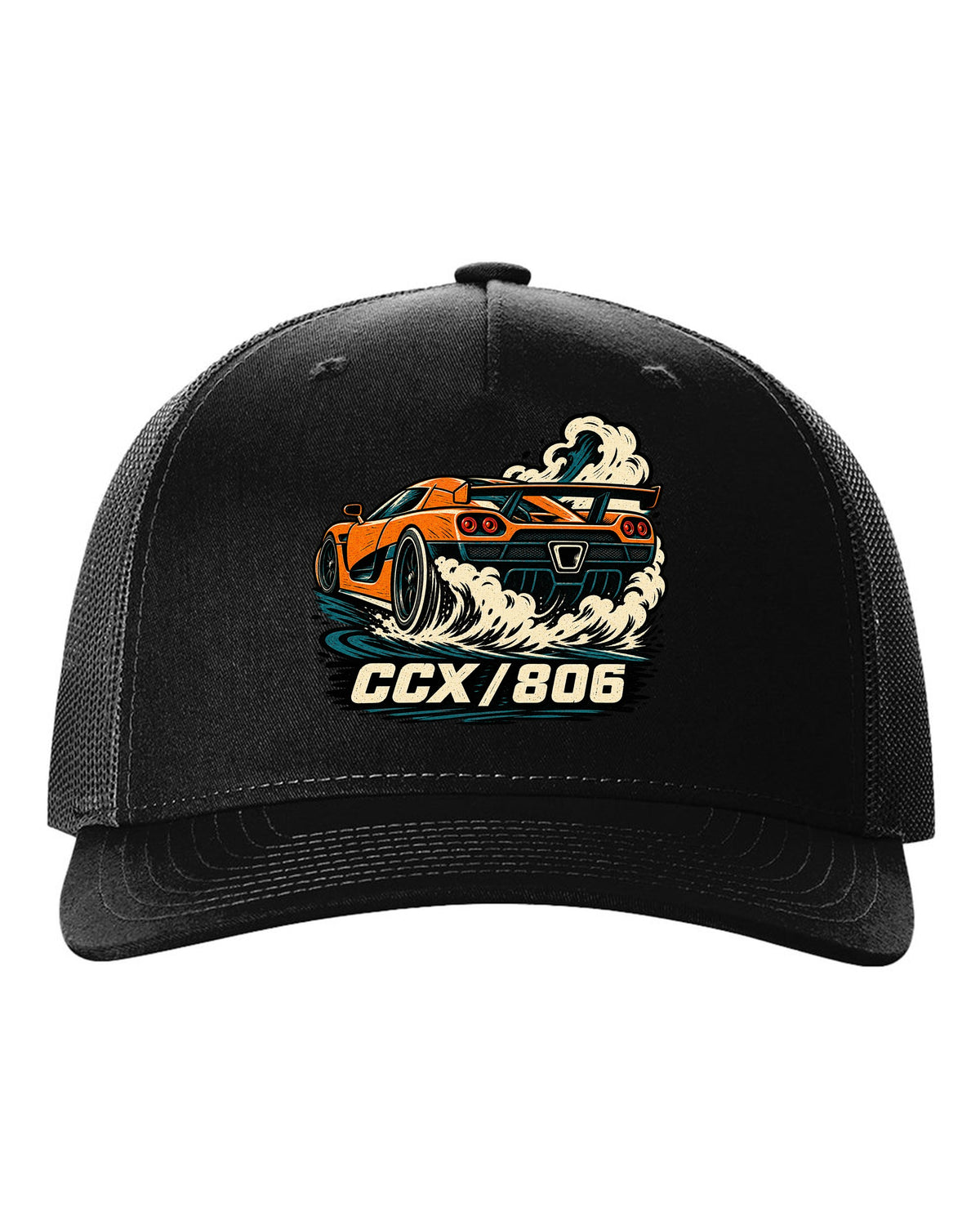Linocut style illustration of a Koenigsegg CCX doing a burnout with CCX 806 lettering black hat front view with the design