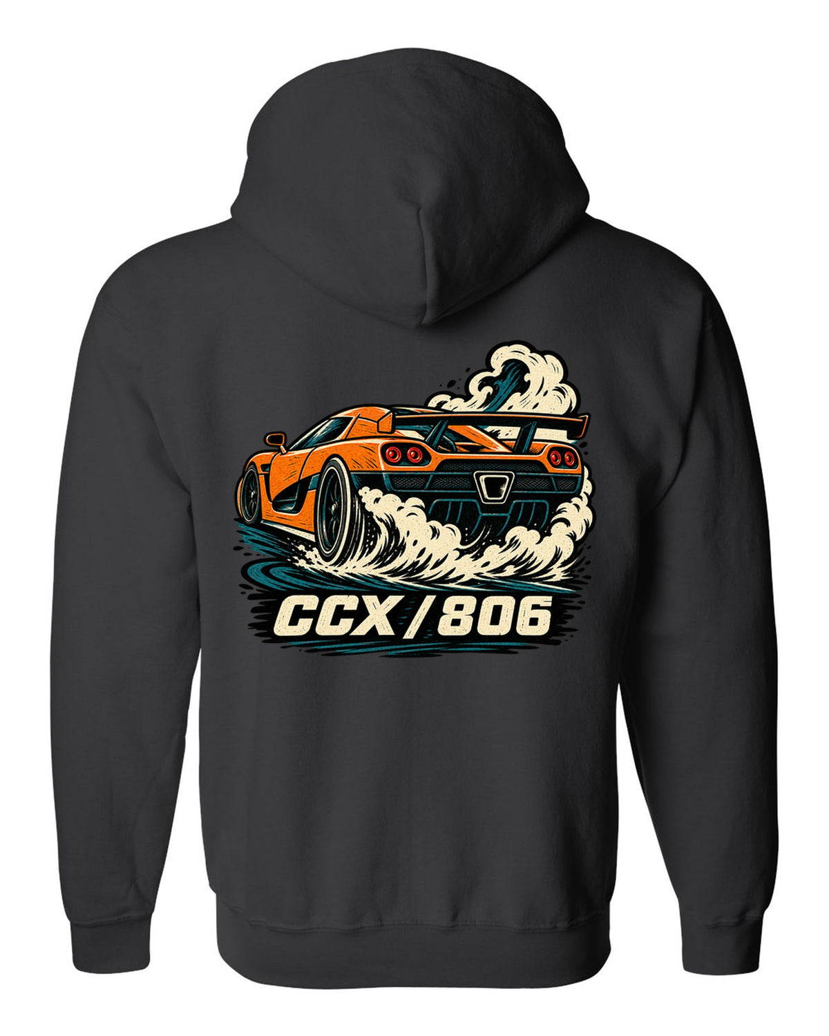 Linocut style illustration of a Koenigsegg CCX doing a burnout with CCX 806 lettering black zip hoodie back view with the design